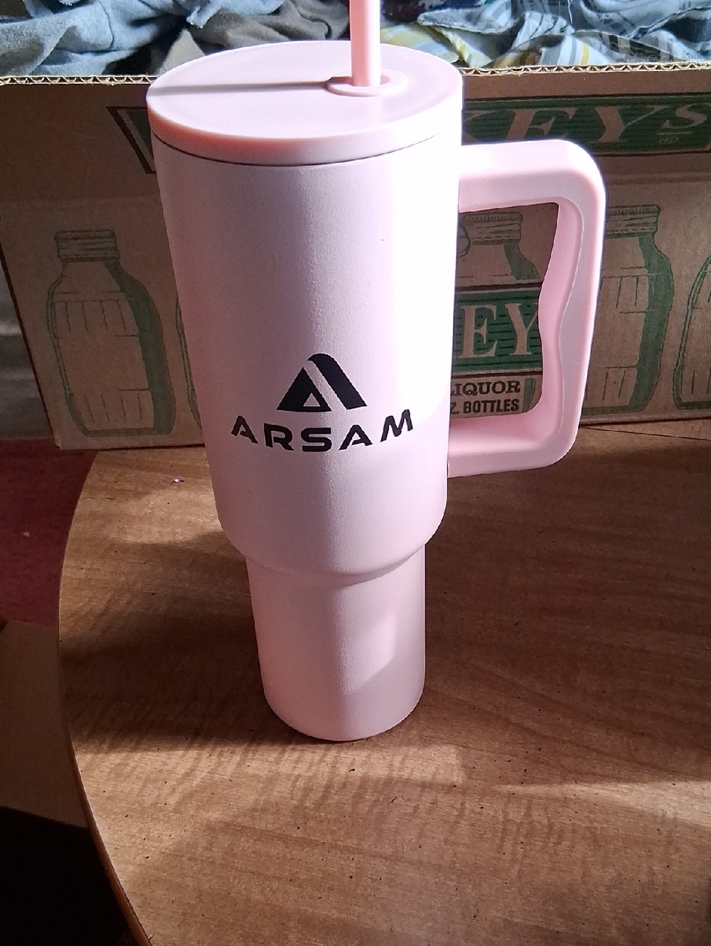 Pink Insulated Travel Tumbler with Handle and Straw